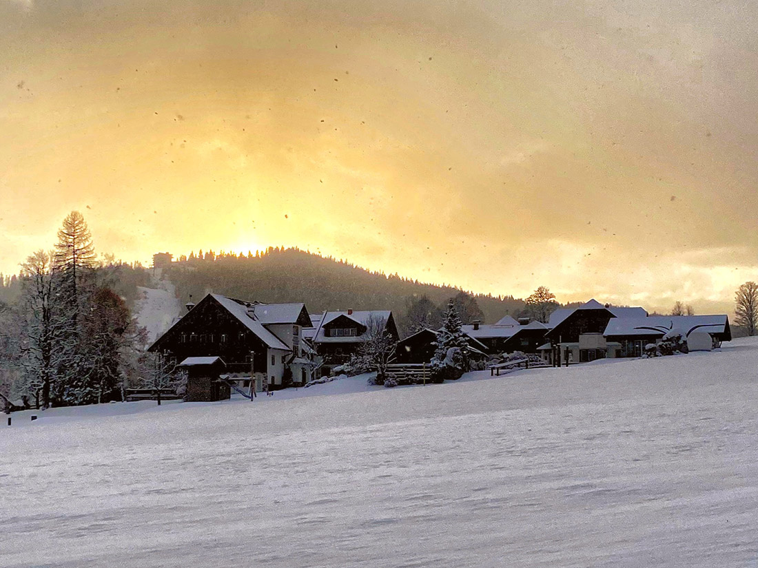Winteransicht vom Urlaubsdorf Bio-Bauernhof Simonbauer mit Apartments, Ferienhaus, Penthaus und Zimmer in Ramsau am Dachstein